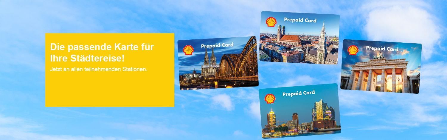 Die neuen Städtemotive der Shell Prepaid Card mit einem blauen Himmel im Hintergrund
