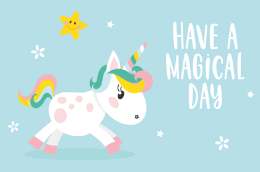 HAVE A MAGICAL DAY Kartenverpackung und einem Einhorn mit blauem Hintergrund